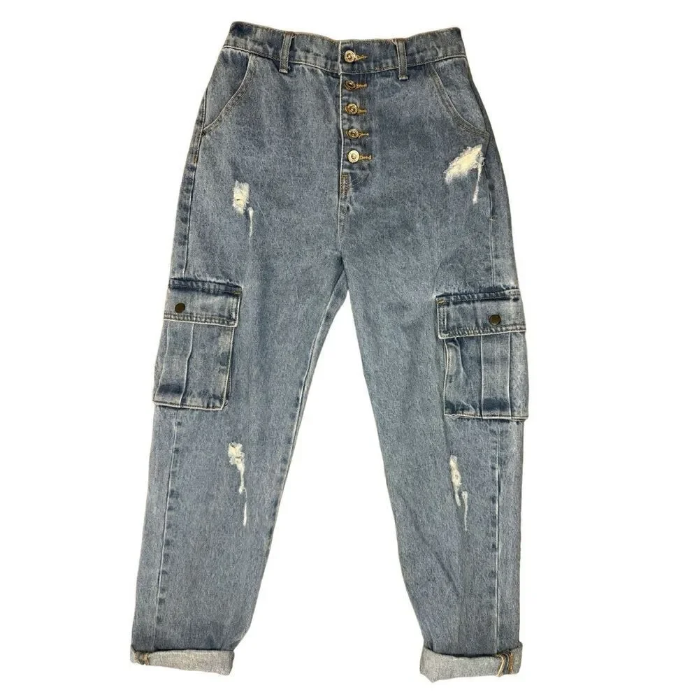 Q2 Light Denim Straight Jeans Ripped With Side Pockets Small (size 4 US) - Picture 3 of 8